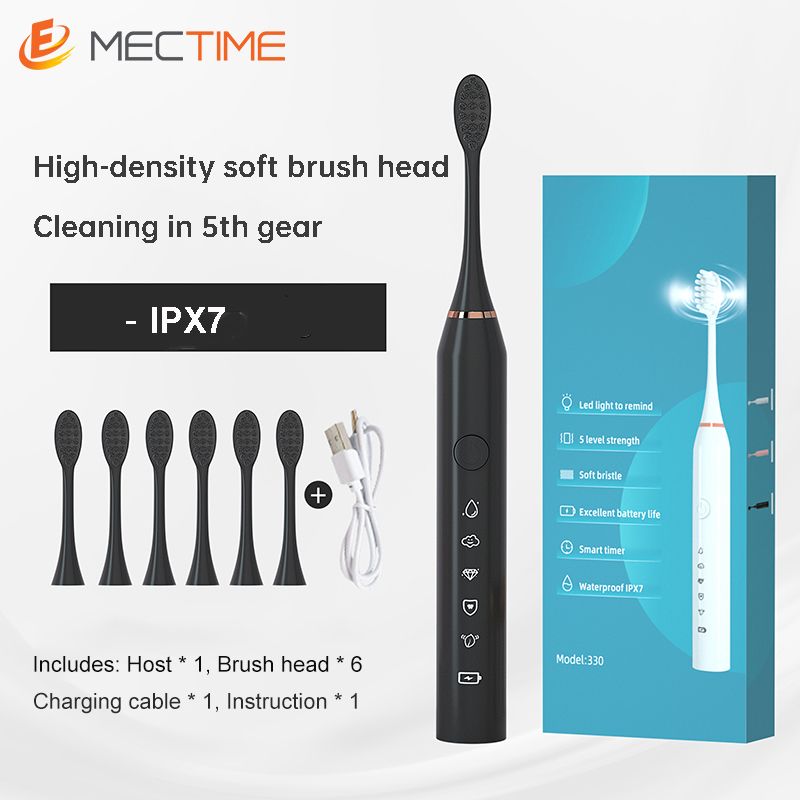Five-Speed Electric Toothbrush With Six Brush Heads- Black
