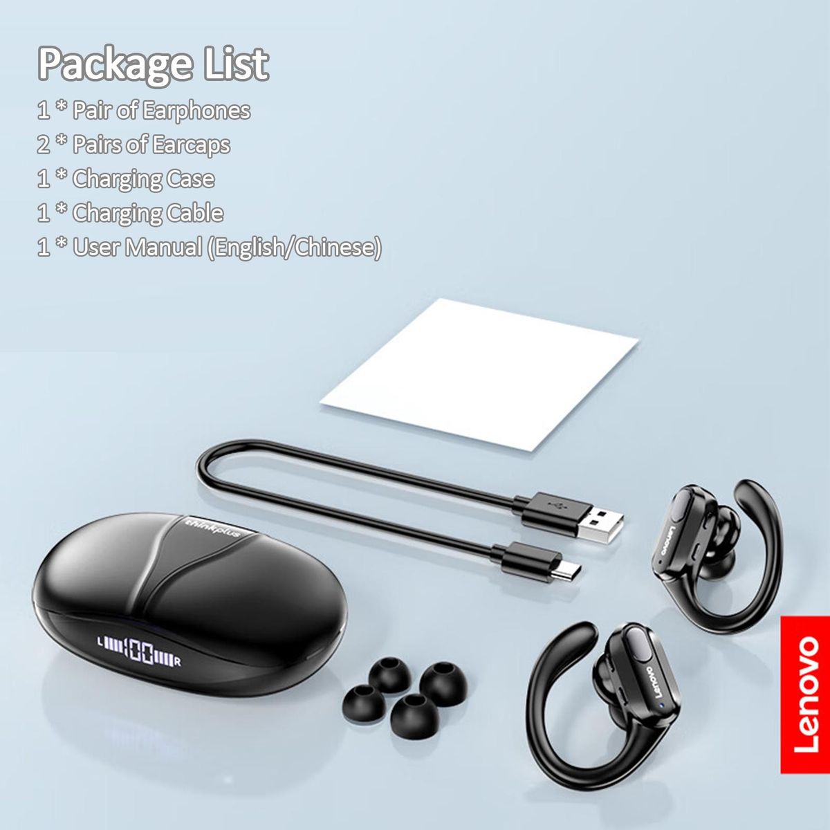 Lenovo XT80 BT5.3 True Wireless Headphones Low Latency Game Earphone Earhook Earbuds Waterproof Sport Headset with Mic 500mAh Charging Case Battery Digital Display