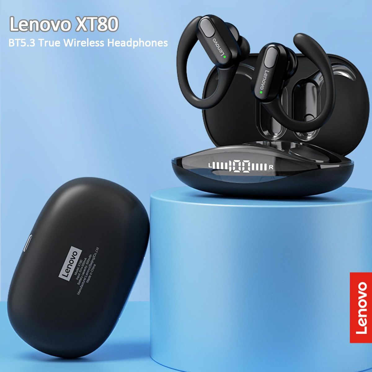 Lenovo XT80 BT5.3 True Wireless Headphones Low Latency Game Earphone Earhook Earbuds Waterproof Sport Headset with Mic 500mAh Charging Case Battery Digital Display