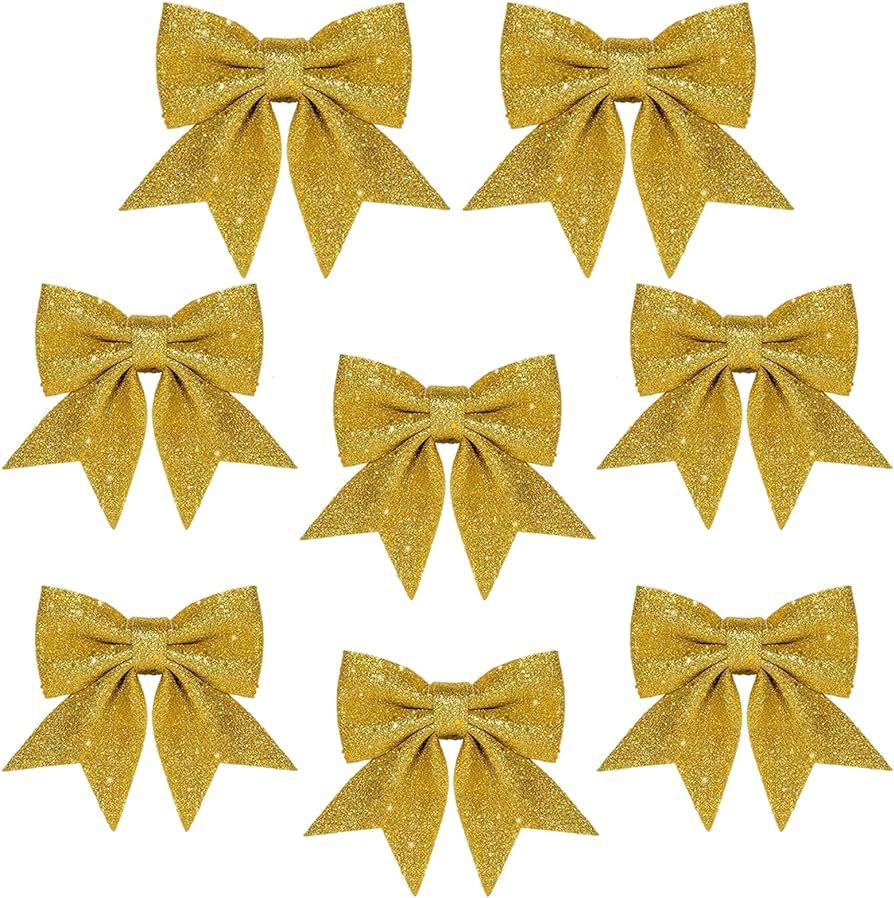 12pcs Small Christmas Trees, Wreaths Decorations Gold Bows