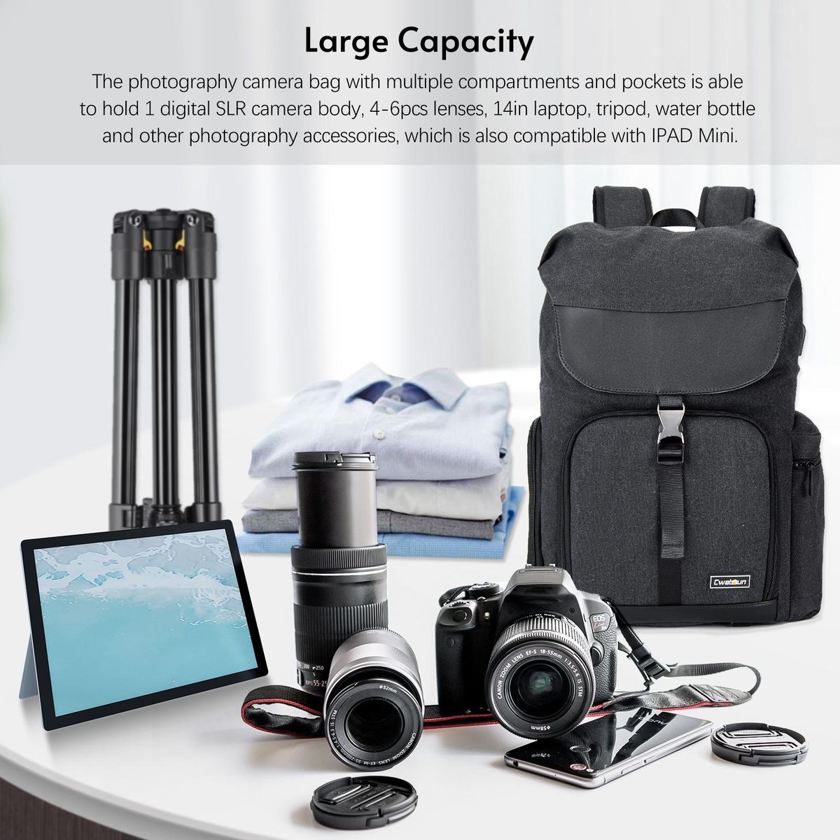 Cwatcun M8 Photography Camera Bag Camera Backpack Waterproof Compatible with Canon/Nikon/Sony/Digital SLR Camera Body/Lens/Tripod/14in Laptop/Water Bottle