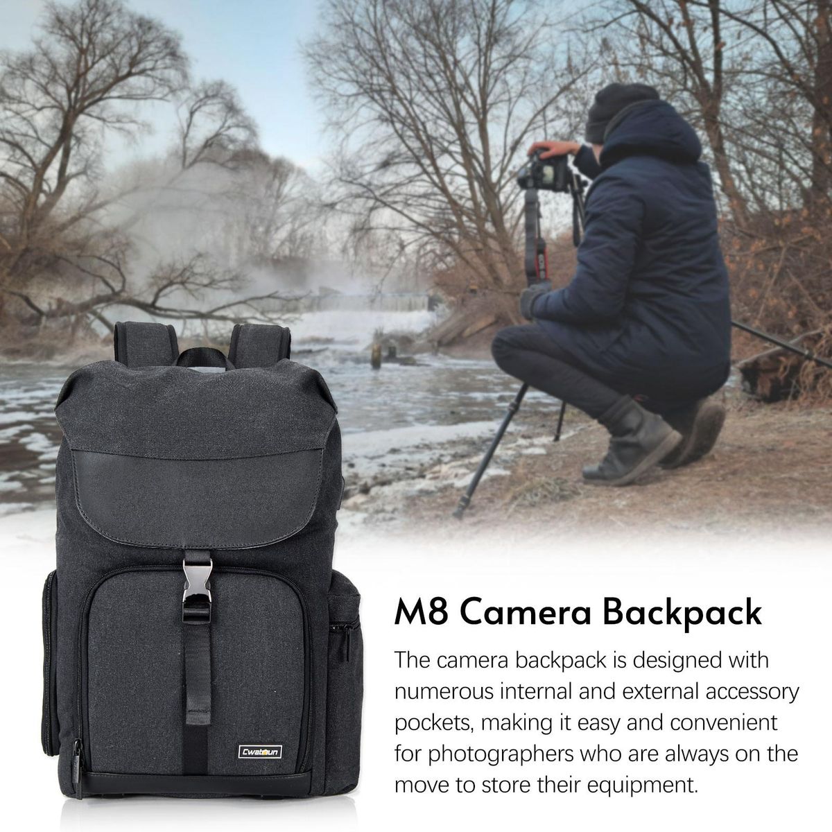 Cwatcun M8 Photography Camera Bag Camera Backpack Waterproof Compatible with Canon/Nikon/Sony/Digital SLR Camera Body/Lens/Tripod/14in Laptop/Water Bottle