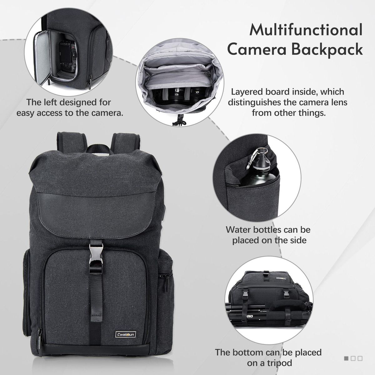 Cwatcun M8 Photography Camera Bag Camera Backpack Waterproof Compatible with Canon/Nikon/Sony/Digital SLR Camera Body/Lens/Tripod/14in Laptop/Water Bottle