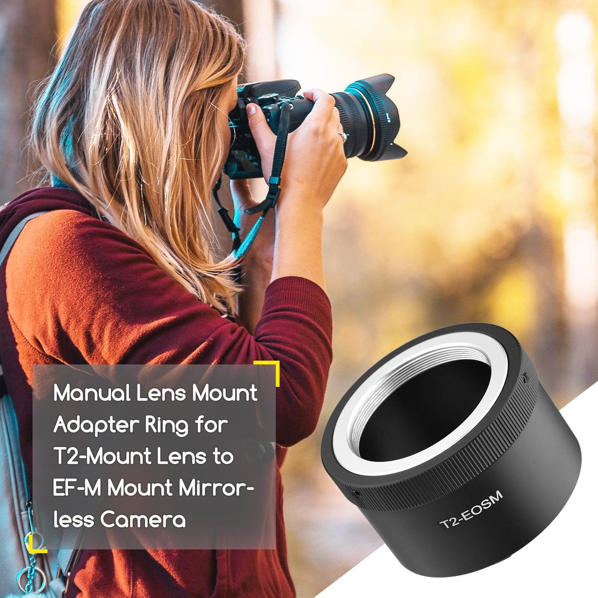 Manual Lens Mount Adapter Ring Aluminum Alloy for T2-Mount Lens to Canon EOS M1/M2/M3/M5/M6/M6 Mark II/M10/M50/M100/M200 EF-M Mount Mirrorless Camera