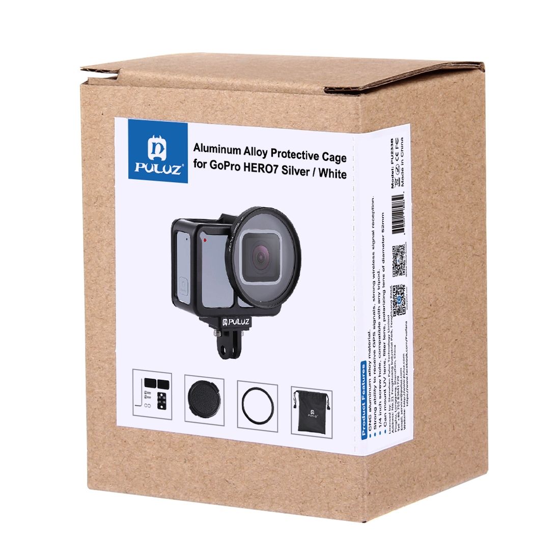PULUZ Housing Shell CNC Aluminum Alloy Protective Cage With Insurance Frame & 52mm UV Lens For GoPro HERO7 Silver /7 White(Black)