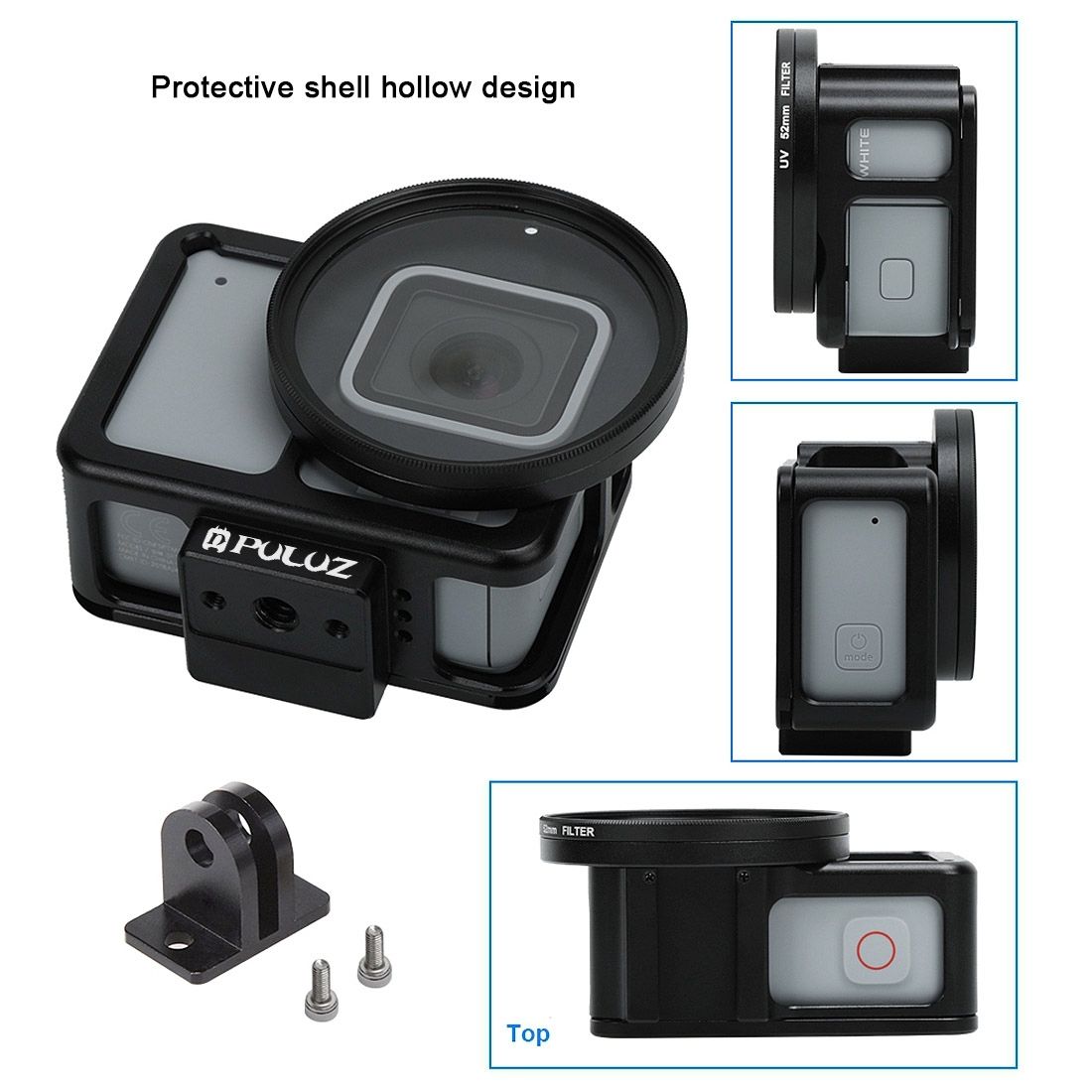 PULUZ Housing Shell CNC Aluminum Alloy Protective Cage With Insurance Frame & 52mm UV Lens For GoPro HERO7 Silver /7 White(Black)