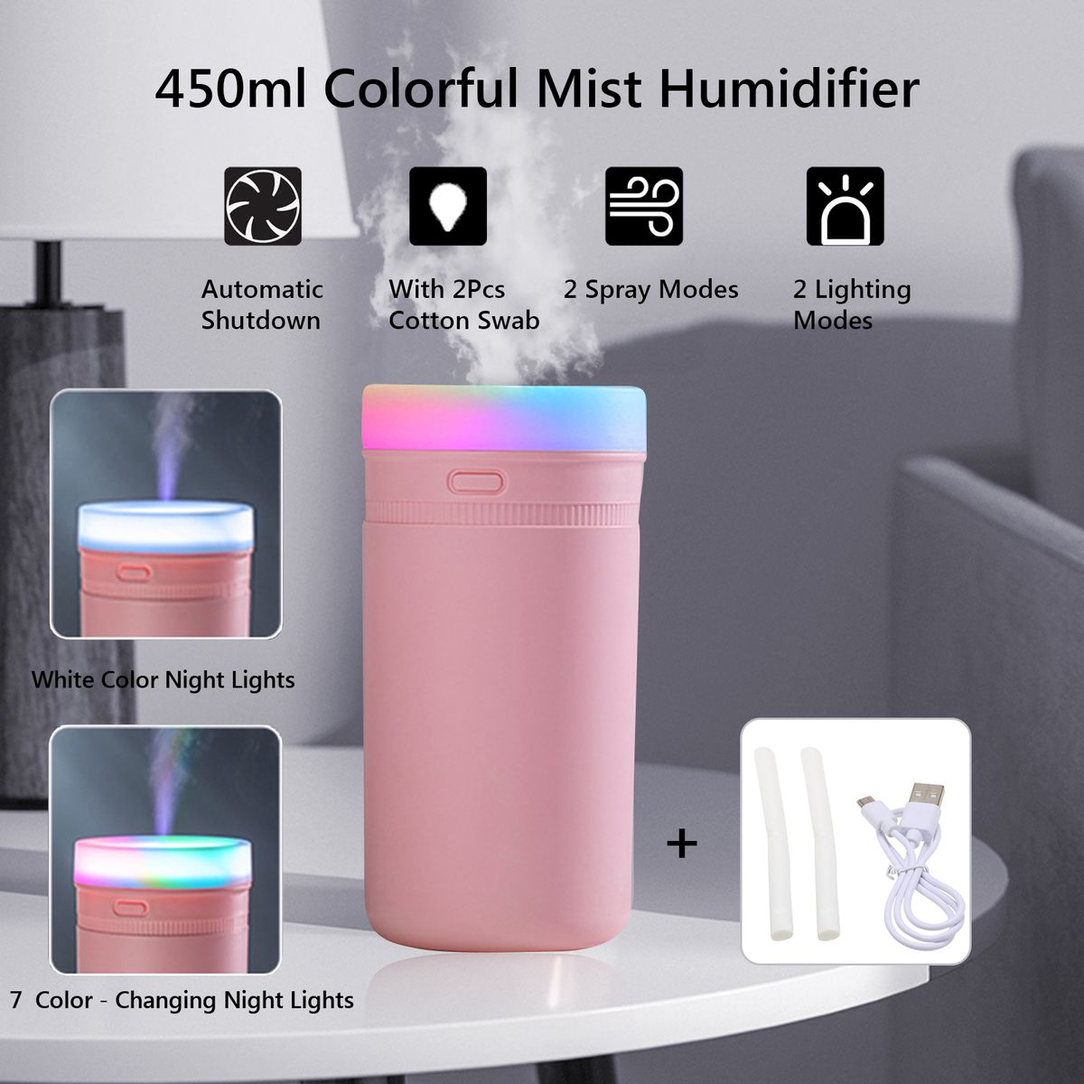 450mL 7-color Night Light Mist USB Air Diffuser Humidifier