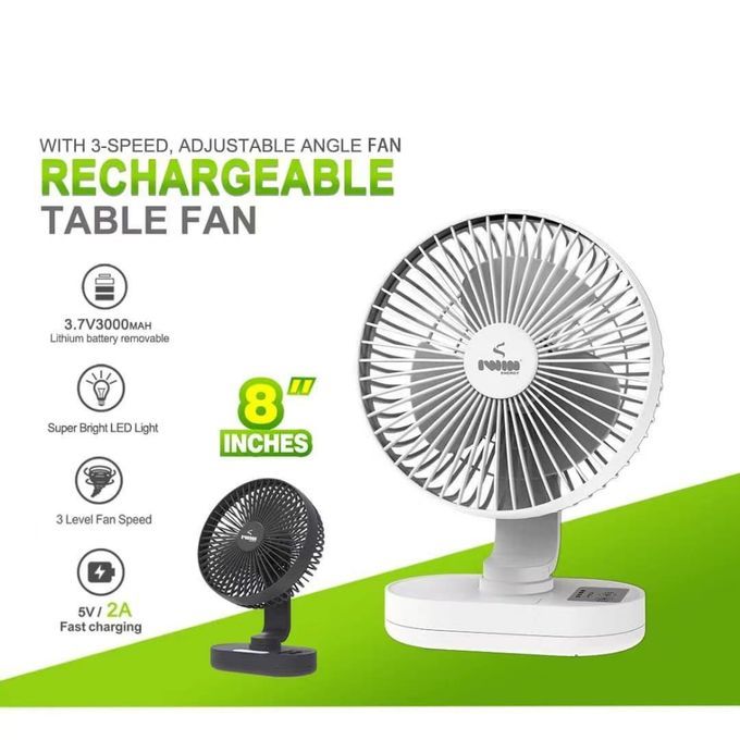 Rechargeable Table Fan 8inches + Led Light 3000mah Battery