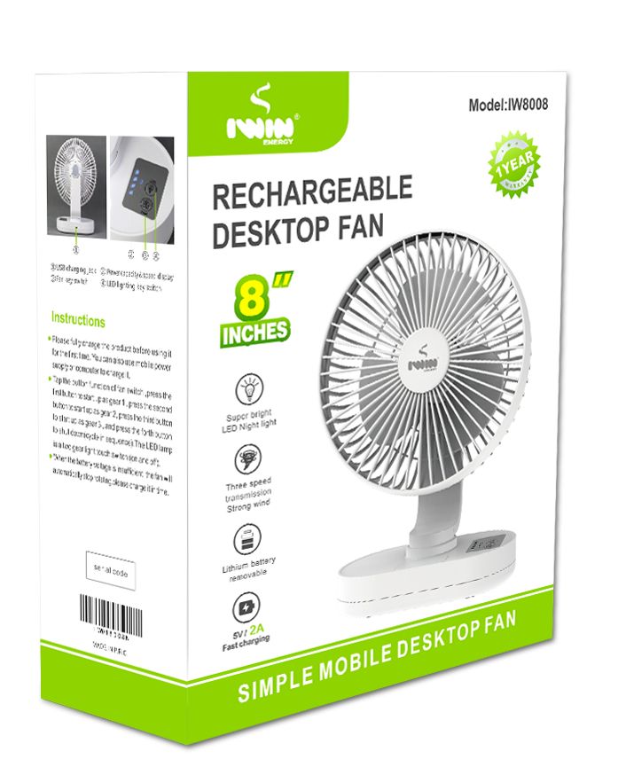 Rechargeable Table Fan 8inches + Led Light 3000mah Battery