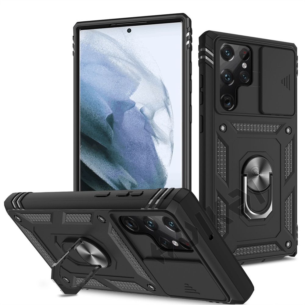 For Samsung S22 S21 FE Ultra Plus A52 A51 A32 5G Case Heavy Duty With Camera 360 Degree Rotate Kickstand Sturdy Shockproof Cover-Black
