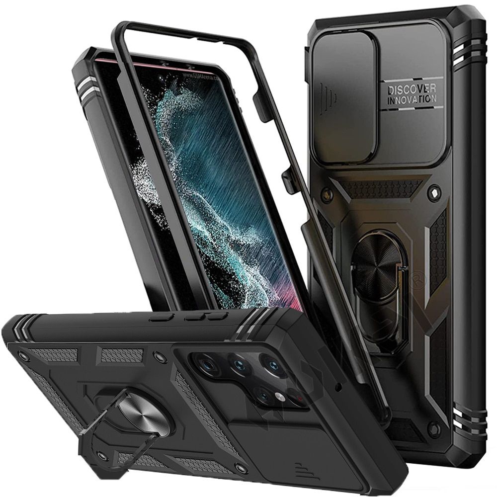 For Samsung S22 S21 FE Ultra Plus A52 A51 A32 5G Case Heavy Duty With Camera 360 Degree Rotate Kickstand Sturdy Shockproof Cover-Black