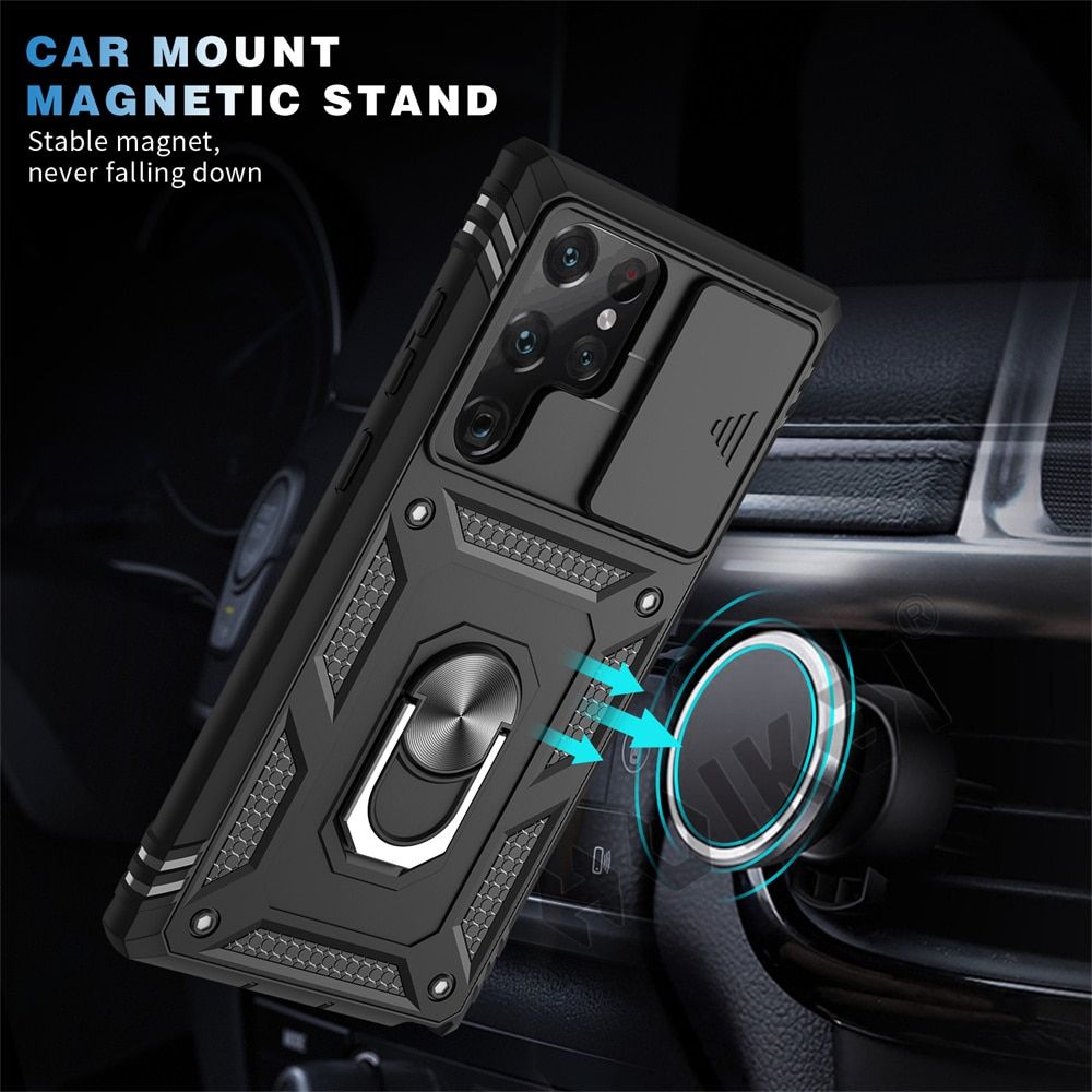 For Samsung S22 S21 FE Ultra Plus A52 A51 A32 5G Case Heavy Duty With Camera 360 Degree Rotate Kickstand Sturdy Shockproof Cover-Black