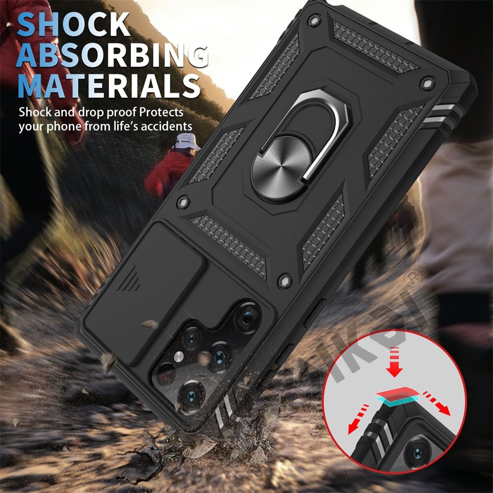 For Samsung S22 S21 FE Ultra Plus A52 A51 A32 5G Case Heavy Duty With Camera 360 Degree Rotate Kickstand Sturdy Shockproof Cover-Black