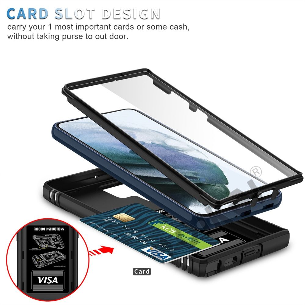 For Samsung S22 S21 FE Ultra Plus A52 A51 A32 5G Case Heavy Duty With Camera 360 Degree Rotate Kickstand Sturdy Shockproof Cover-Black
