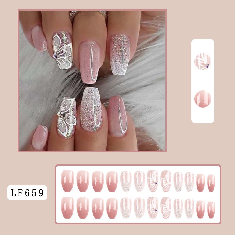 Glitter Press On Nails Medium Coffin Fake Nails Pink Ballerina Glue On Nails 24pcs