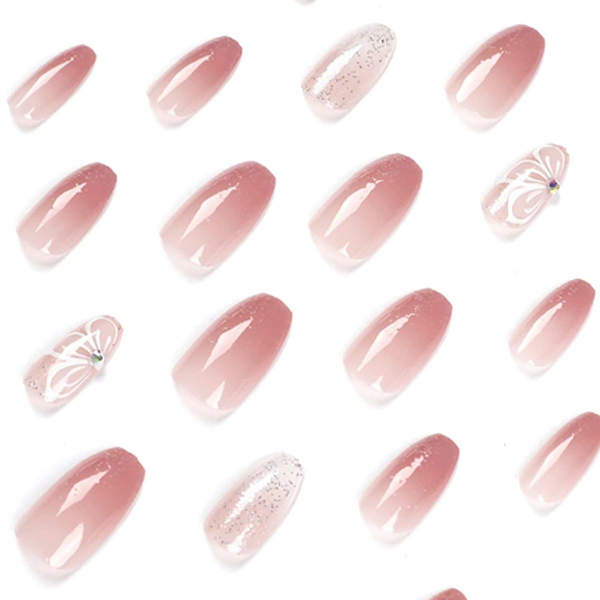 Glitter Press On Nails Medium Coffin Fake Nails Pink Ballerina Glue On Nails 24pcs