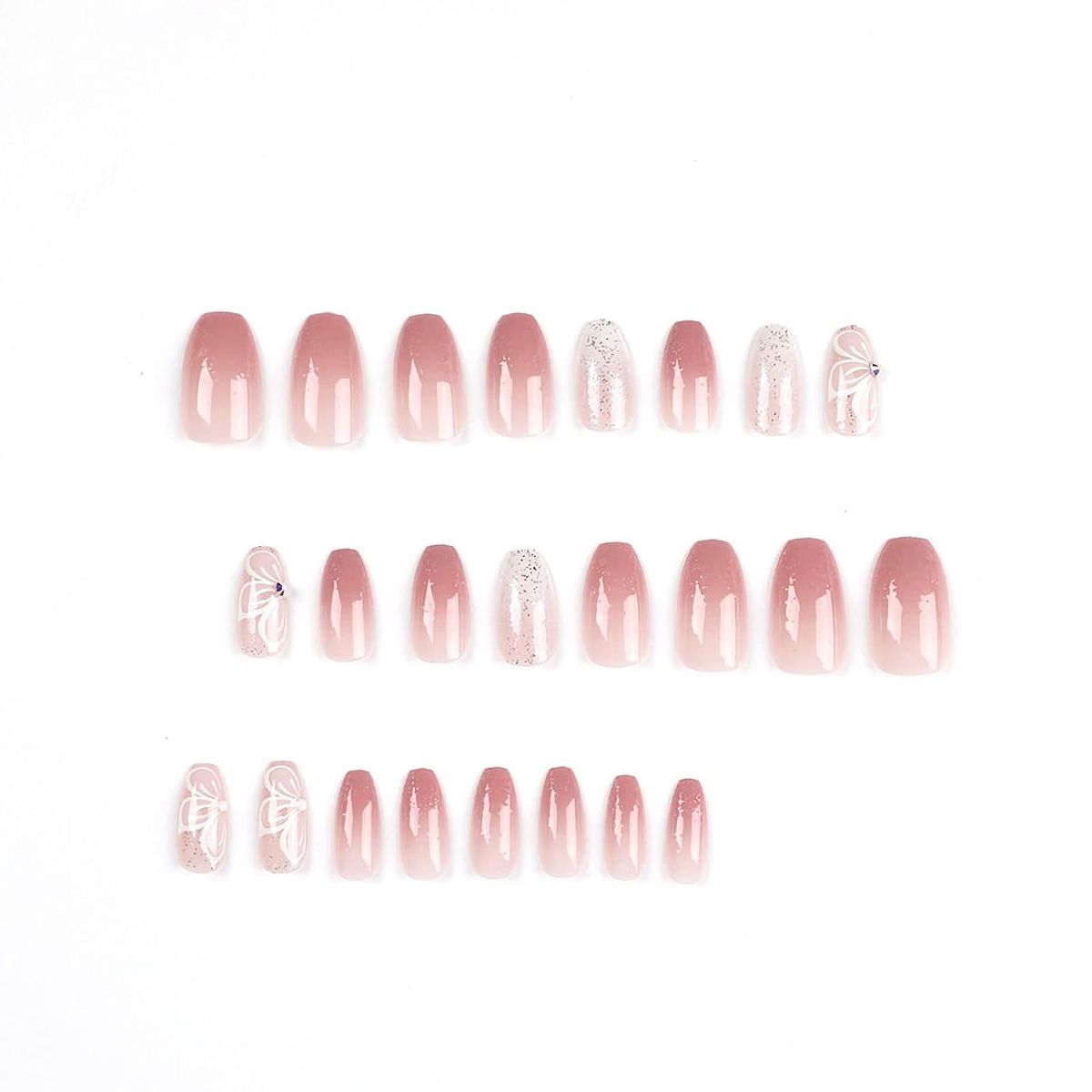 Glitter Press On Nails Medium Coffin Fake Nails Pink Ballerina Glue On Nails 24pcs