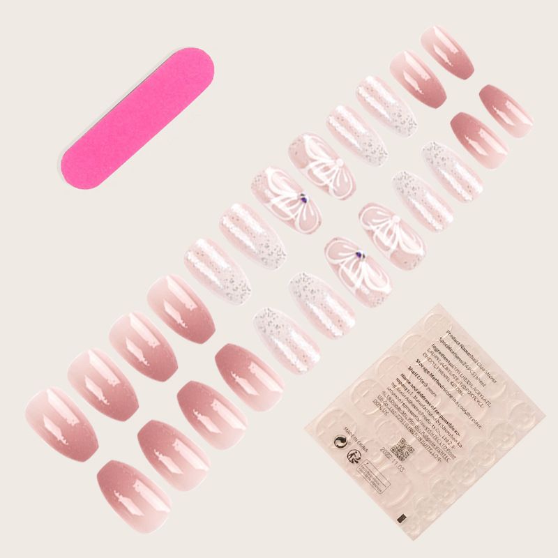 Glitter Press On Nails Medium Coffin Fake Nails Pink Ballerina Glue On Nails 24pcs