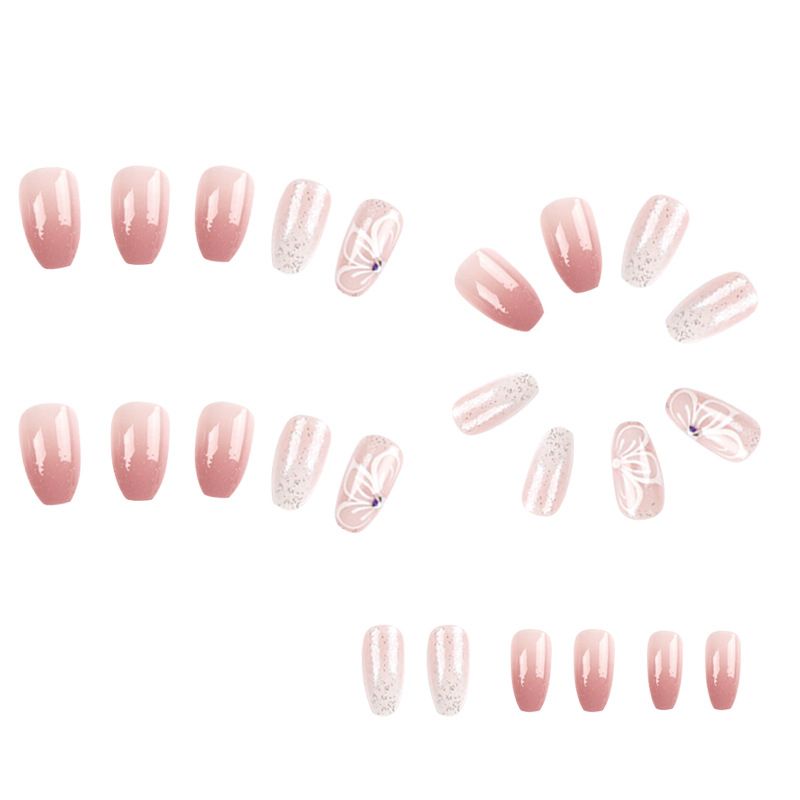 Glitter Press On Nails Medium Coffin Fake Nails Pink Ballerina Glue On Nails 24pcs
