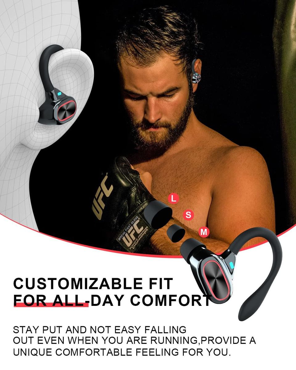 Wireless Earbuds Bluetooth Headphones Touch Control with Charging Case and Earhooks Over Ear IPX7 Waterproof Earphones with Mic