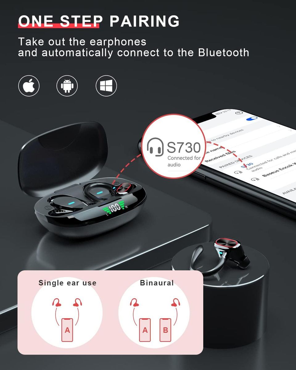Wireless Earbuds Bluetooth Headphones Touch Control with Charging Case and Earhooks Over Ear IPX7 Waterproof Earphones with Mic