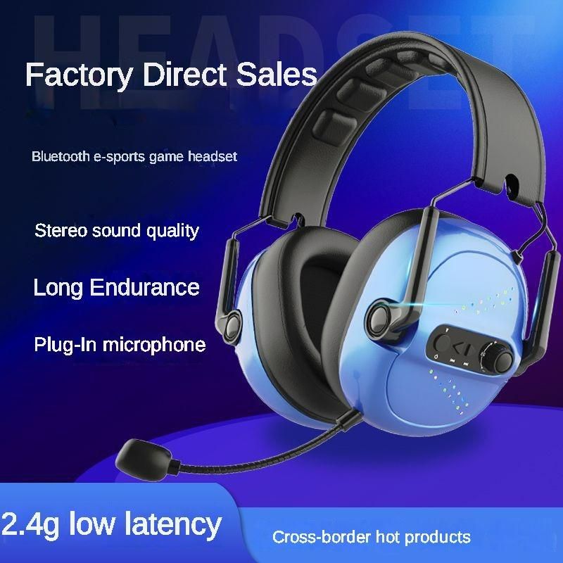 Wireless gaming headset with detachable microphone, 2.4GHz and Bluetooth 5.0 dual connection modes, foldable ear cups, sky blue