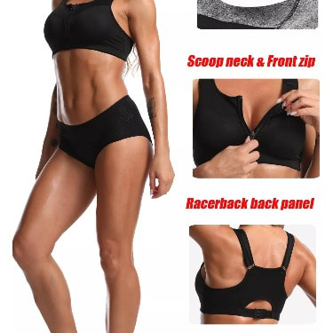 Women Padded Sport Vest With Adjustable Wide Strap And Zipper Women Bra- Black