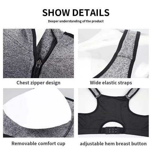 Women Padded Sport Vest With Adjustable Wide Strap And Zipper Women Bra- Black