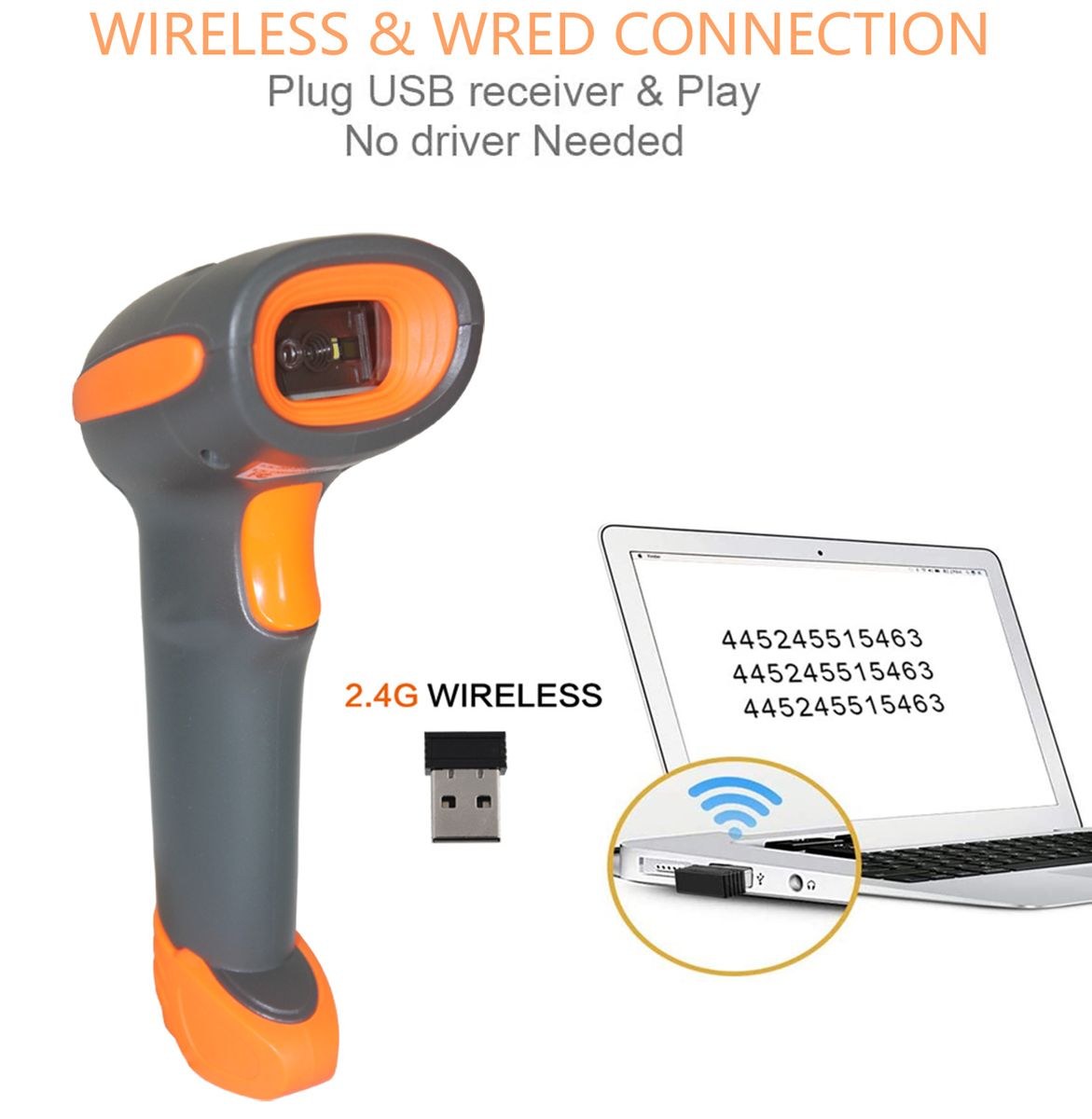 CW200 Wireless 2D Barcode Scanner Handheld 2D Barcode Scanner USB Wired 1D Barcode Reader 2 In 1 For Store, Supermarket, Warehouse (ORANGE)