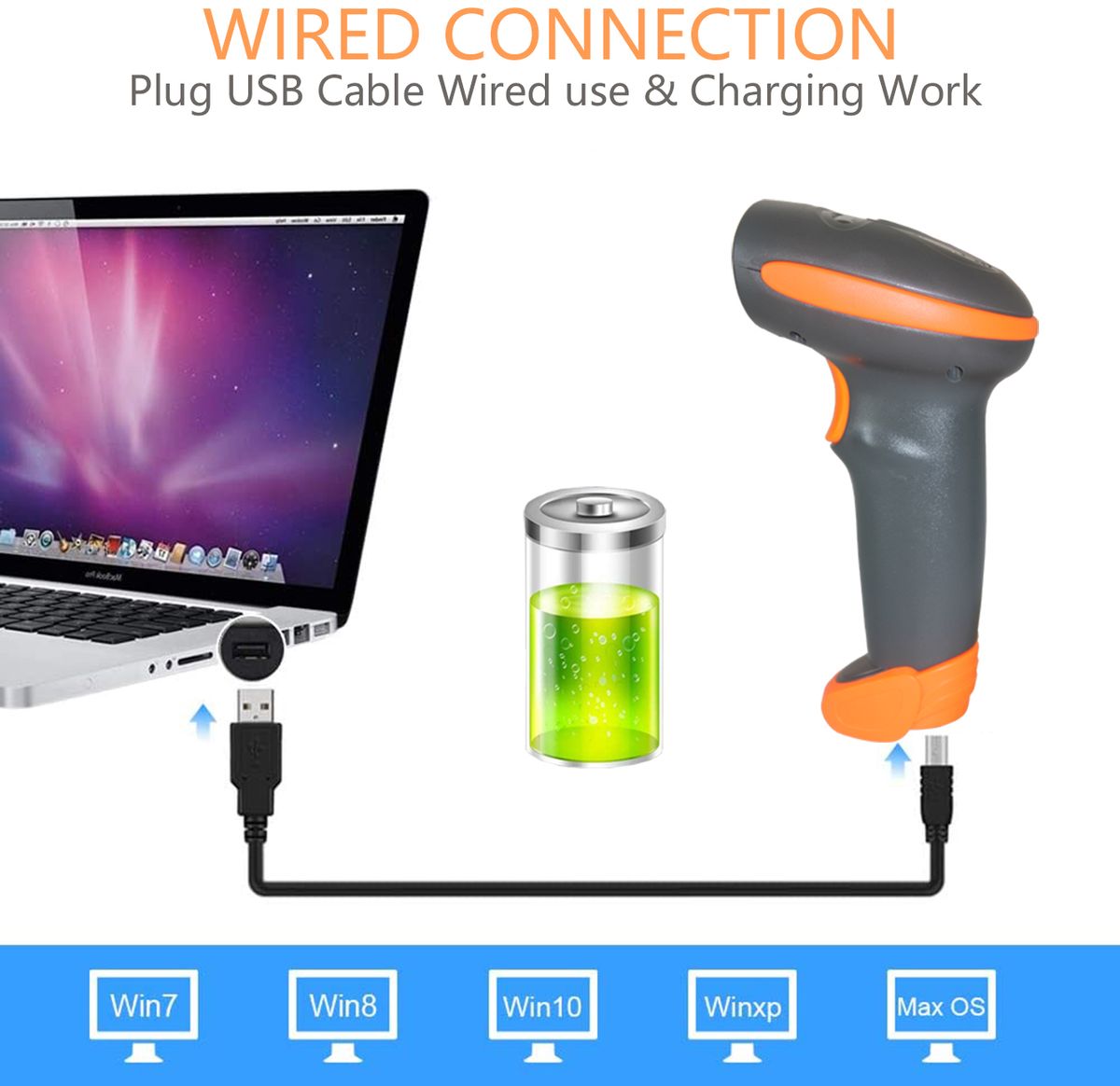CW200 Wireless 2D Barcode Scanner Handheld 2D Barcode Scanner USB Wired 1D Barcode Reader 2 In 1 For Store, Supermarket, Warehouse (ORANGE)