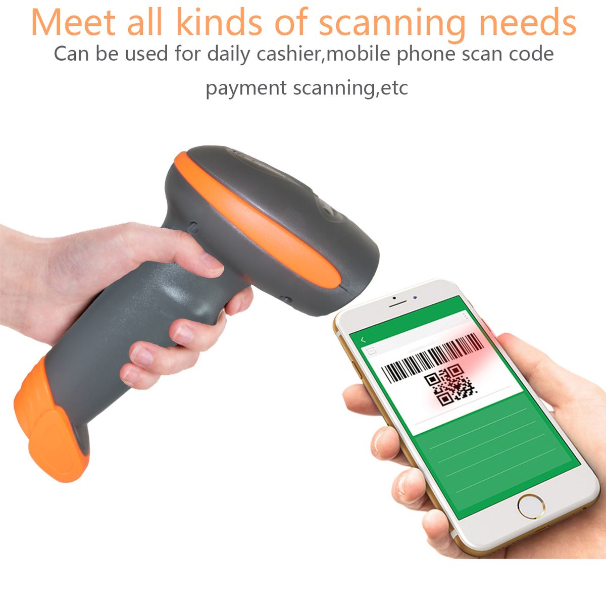 CW200 Wireless 2D Barcode Scanner Handheld 2D Barcode Scanner USB Wired 1D Barcode Reader 2 In 1 For Store, Supermarket, Warehouse (ORANGE)