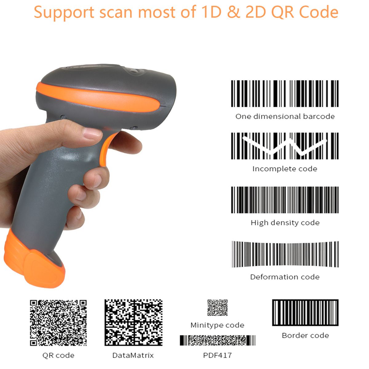 CW200 Wireless 2D Barcode Scanner Handheld 2D Barcode Scanner USB Wired 1D Barcode Reader 2 In 1 For Store, Supermarket, Warehouse (ORANGE)