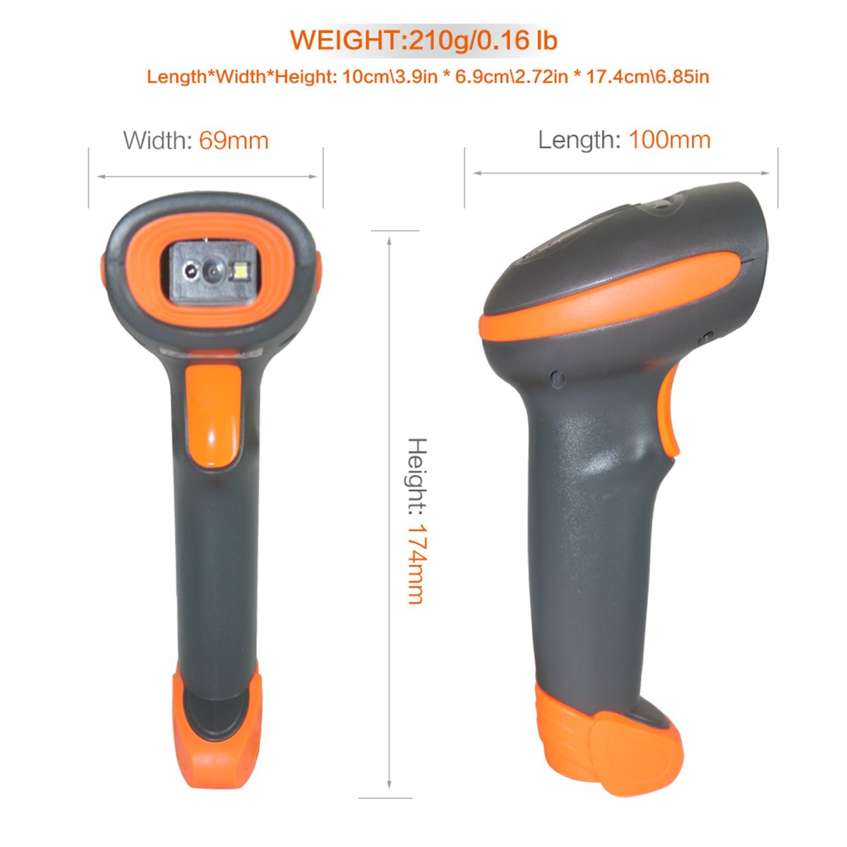 CW200 Wireless 2D Barcode Scanner Handheld 2D Barcode Scanner USB Wired 1D Barcode Reader 2 In 1 For Store, Supermarket, Warehouse (ORANGE)
