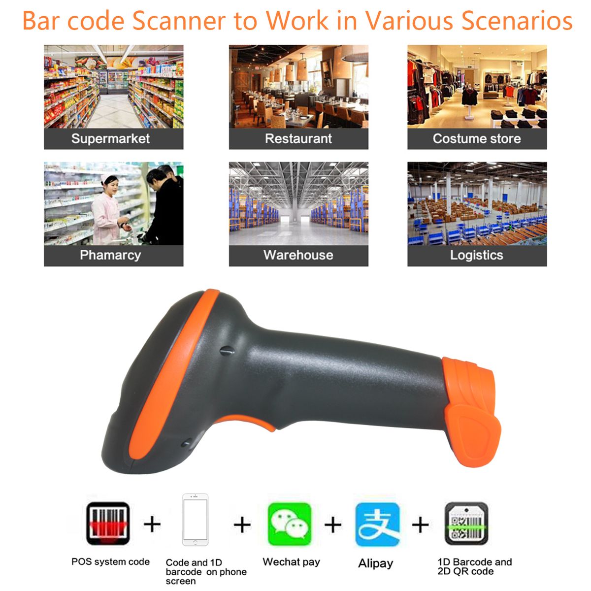 CW200 Wireless 2D Barcode Scanner Handheld 2D Barcode Scanner USB Wired 1D Barcode Reader 2 In 1 For Store, Supermarket, Warehouse (ORANGE)