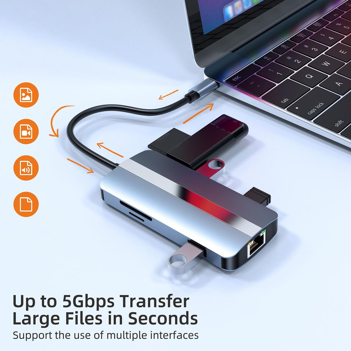 2205 USB C Hub Adapter 8-in-1 Type C Docking Station with 4K H*M*+USB3.0+USB2.0*2+87W PD+RJ45+SD/TF Card Readers for Laptops Tablets Smartphones with Type C Port