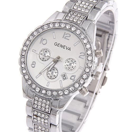 Rhinestone Bracelet Watch With Date - Silver
