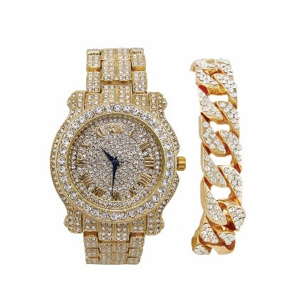 14 Bling-ed Out Round Watch With Bling-ed Out Cuban Bracelet
