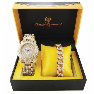 14 Bling-ed Out Round Watch With Bling-ed Out Cuban Bracelet