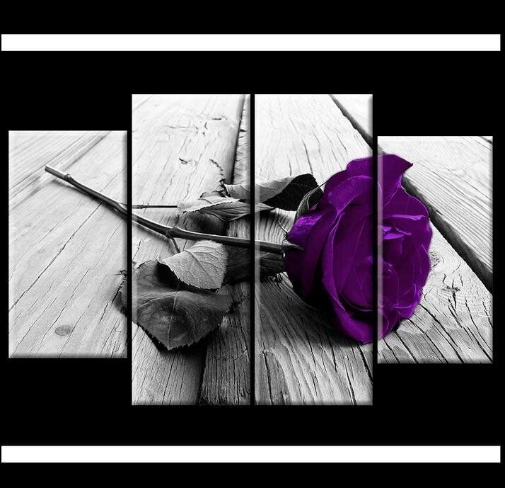 Plum Purple Rose Floral Canvas Black White Wall Art Picture Wide XL Flower Gift