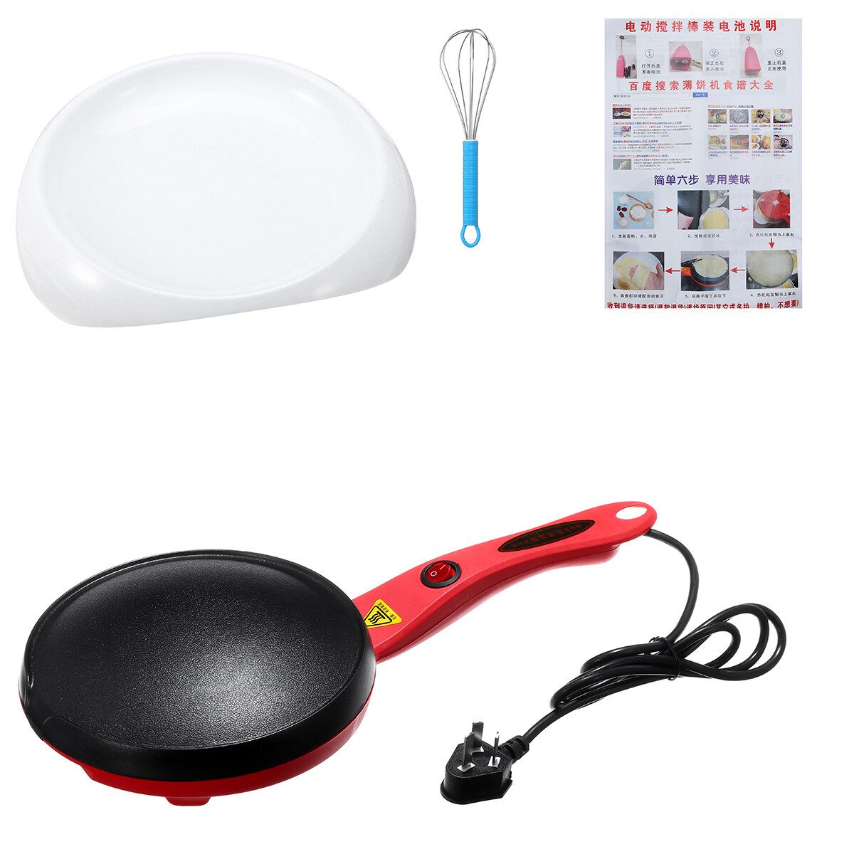220V 600W Multifunction Electric Pancake Crepe Maker Non-Stick Baking Pancake Pan Frying Griddle Appliances For Perfect Crepes Blintzes Pancakes Bacon Pizza With Tray+Stir Bar