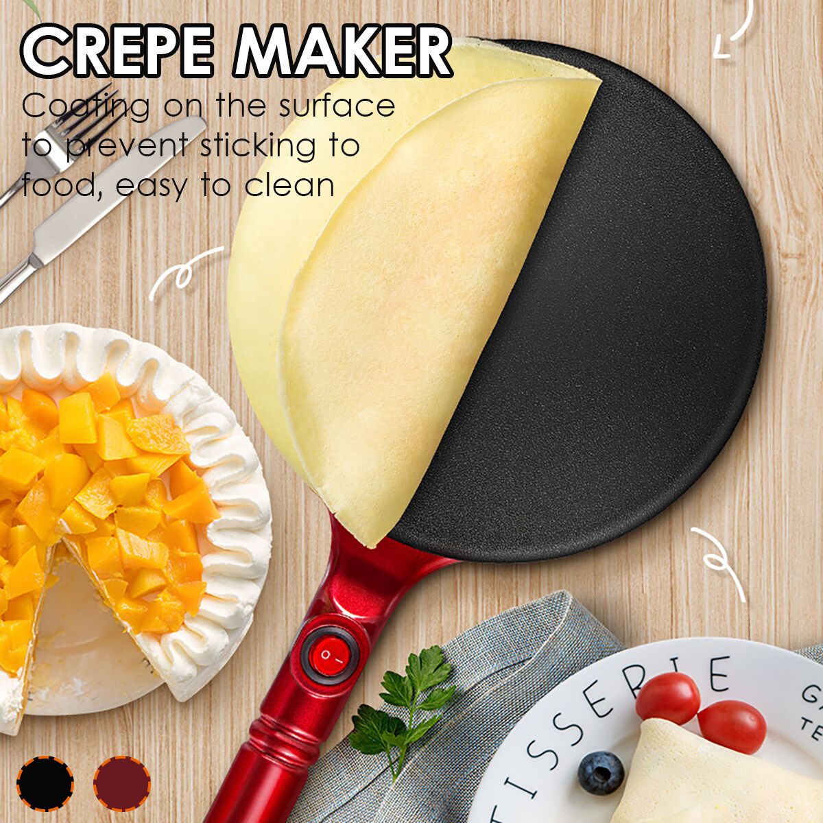 220V 21cm Electric Crepe Maker Non Stick Baking Pancake Pan Frying Griddle Machine Baking Pancake Pan Frying Griddle Appliances For Perfect Crepes Blintzes Pancakes Bacon Pizza Red