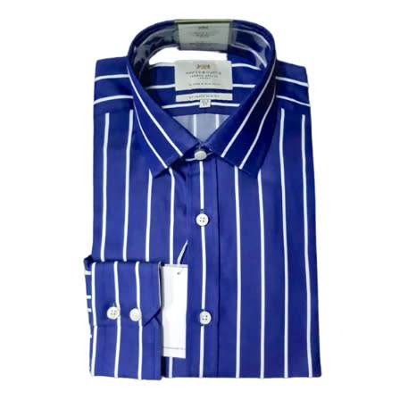 Men's Royal Blue & White Cotton Stripe Slim Fit Shirt - Single Cuff