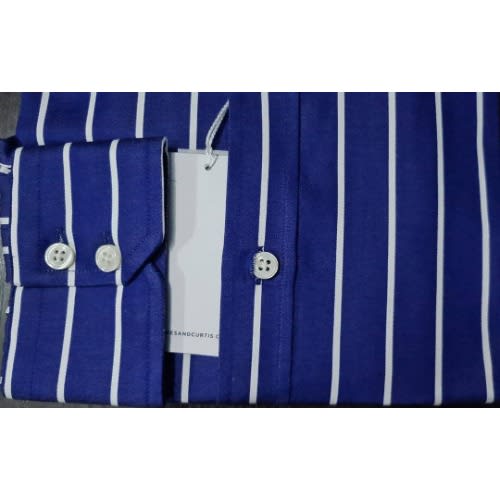 Men's Royal Blue & White Cotton Stripe Slim Fit Shirt - Single Cuff