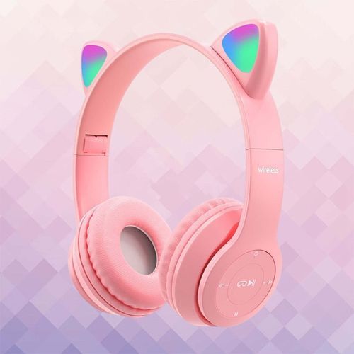 Cat Ear Wireless Headset Volume Control Lightweight Foldable For Pink