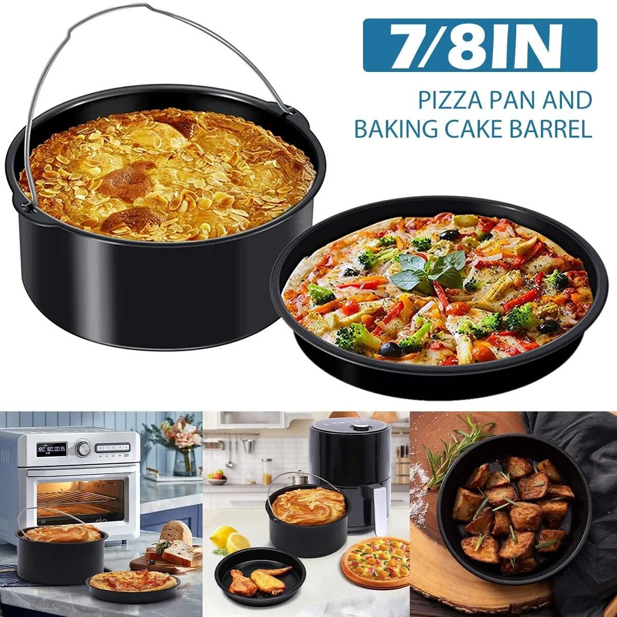 2Pcs Air Fryer Accessory Durable Air Fryer Pizza Pan and Baking Cake Barrel with Non-Stick Coating Round Baking Cake Pan Set