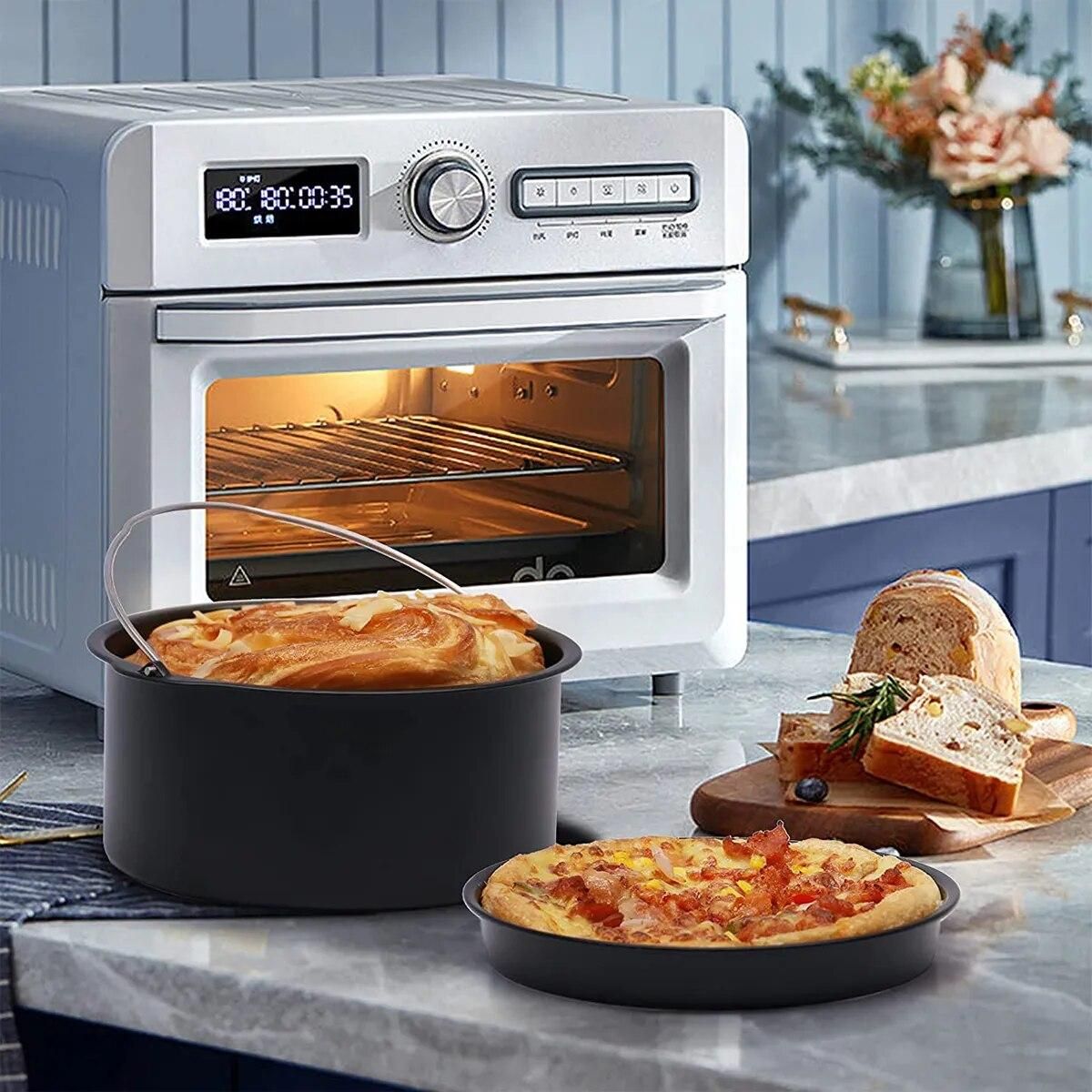 2Pcs Air Fryer Accessory Durable Air Fryer Pizza Pan and Baking Cake Barrel with Non-Stick Coating Round Baking Cake Pan Set