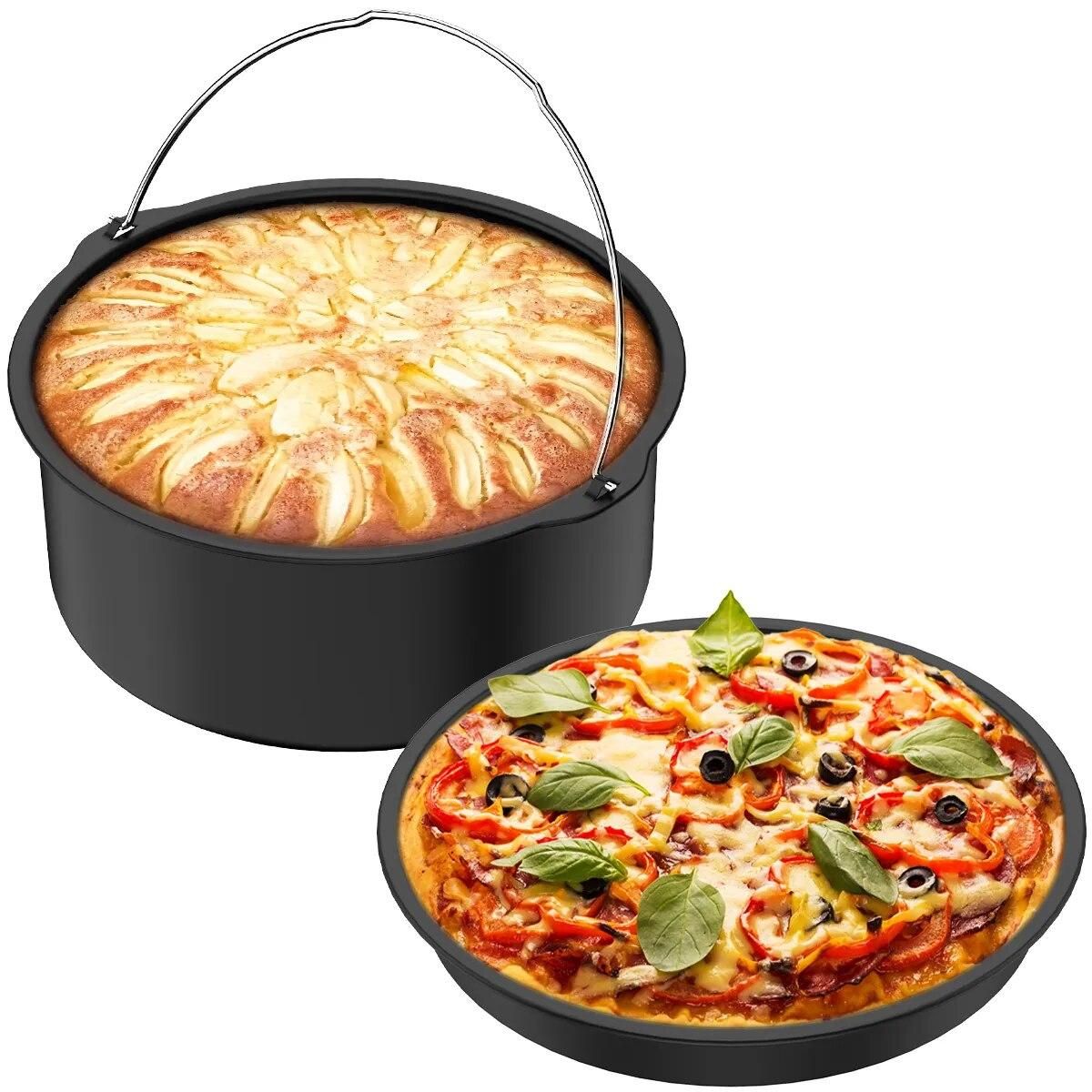 2Pcs Air Fryer Accessory Durable Air Fryer Pizza Pan and Baking Cake Barrel with Non-Stick Coating Round Baking Cake Pan Set