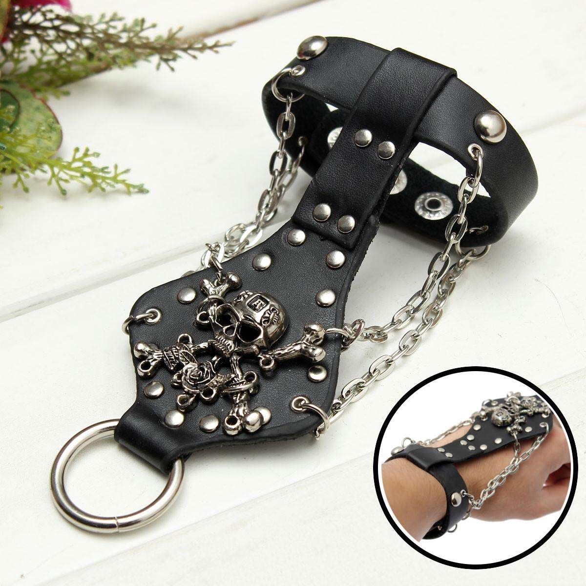 Skeleton Skull Punk Leather Finger Ring Glove Wristbands Chain Hand Bracelet New