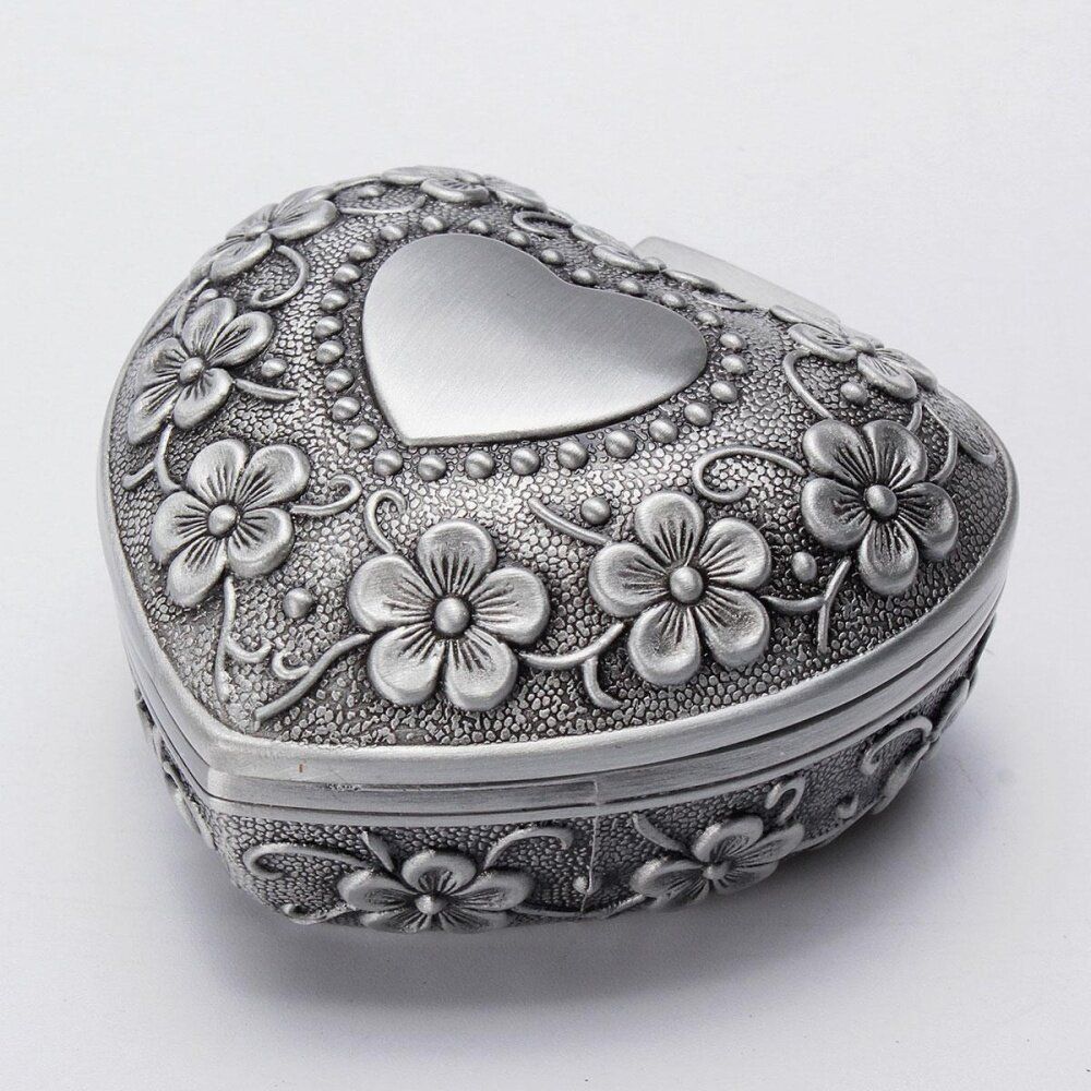Heart Jewelry Box Antique Casket Alloy Case Ring Earring Necklace Storage Holder