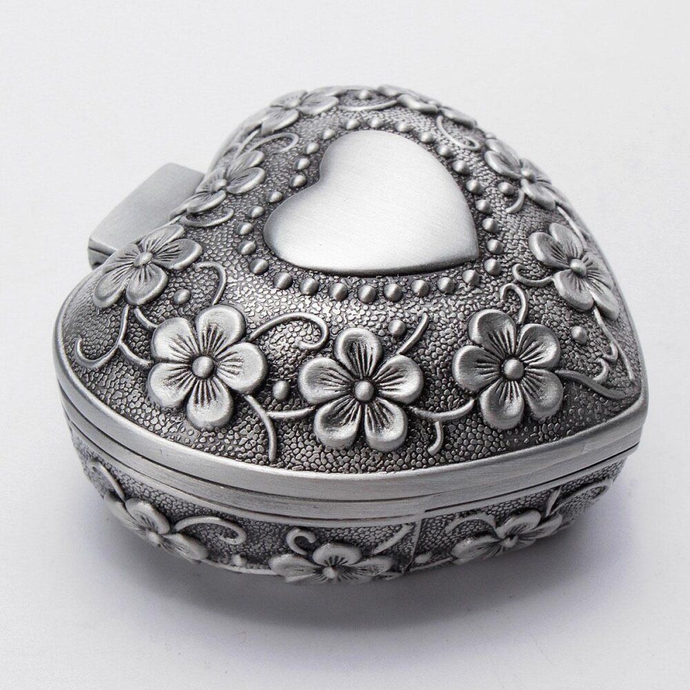 Heart Jewelry Box Antique Casket Alloy Case Ring Earring Necklace Storage Holder